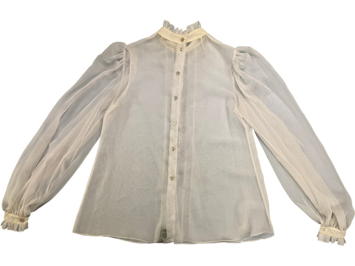 Vintage Sheer Ruffle Blouse With Puff Sleeves - S - Think Vintage