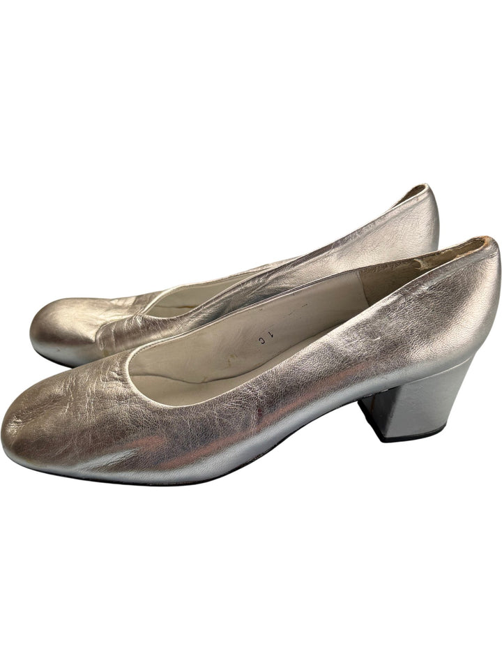 Vintage Silver Leather Block Heel Shoes - Think Vintage ltd