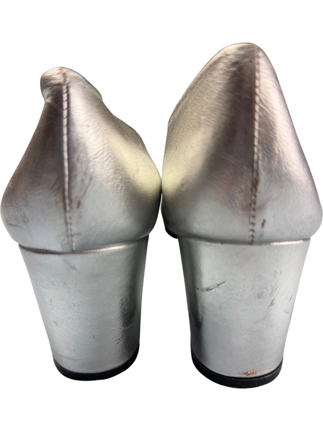 Vintage Silver Leather Block Heel Shoes - Think Vintage ltd