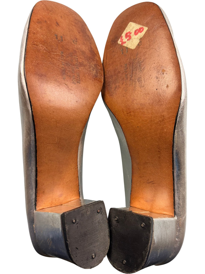 Vintage Silver Leather Block Heel Shoes - Think Vintage ltd