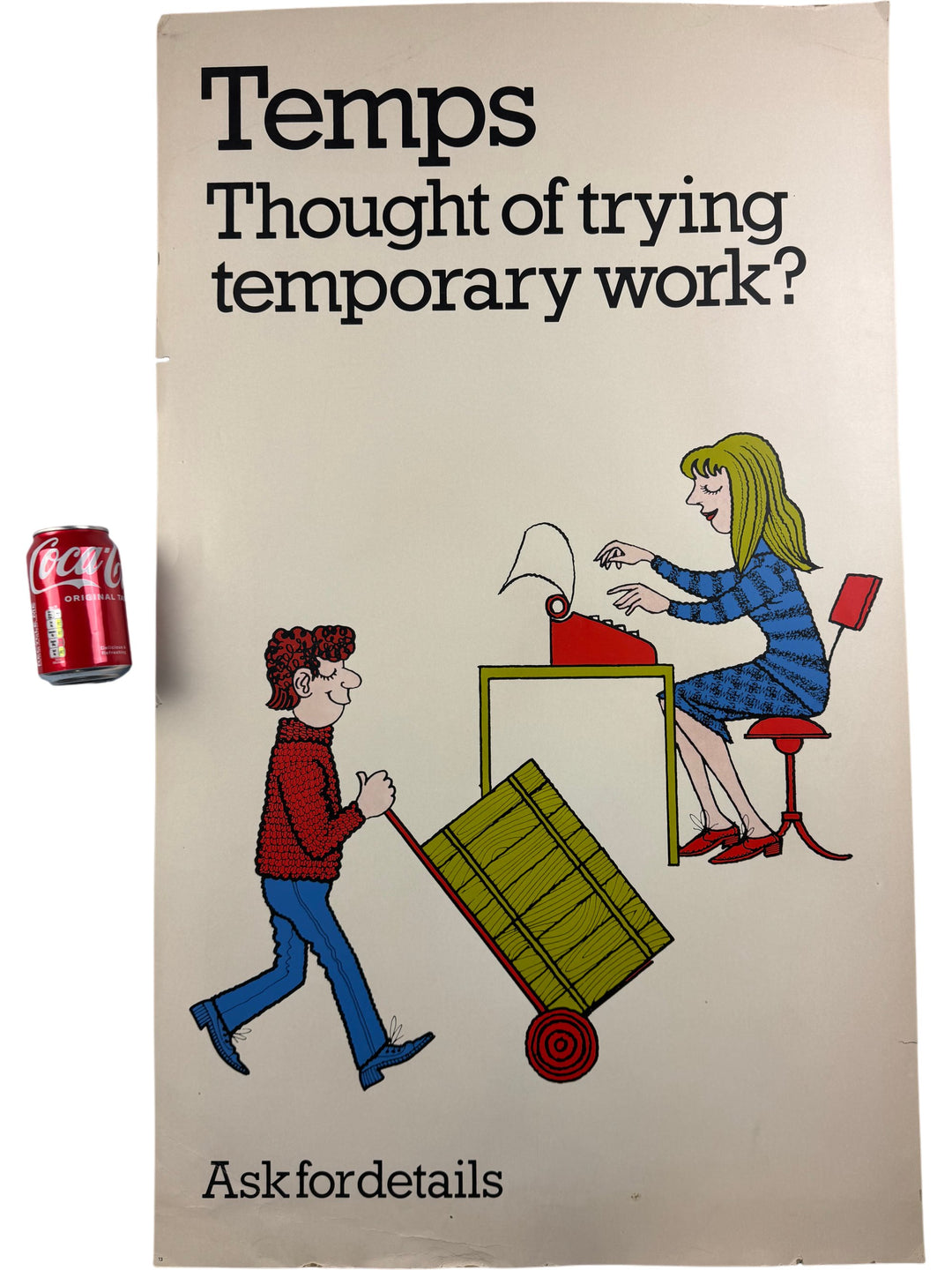 Vintage Temps Recruitment Advertising Poster with Cartoon Graphic - Think Vintage