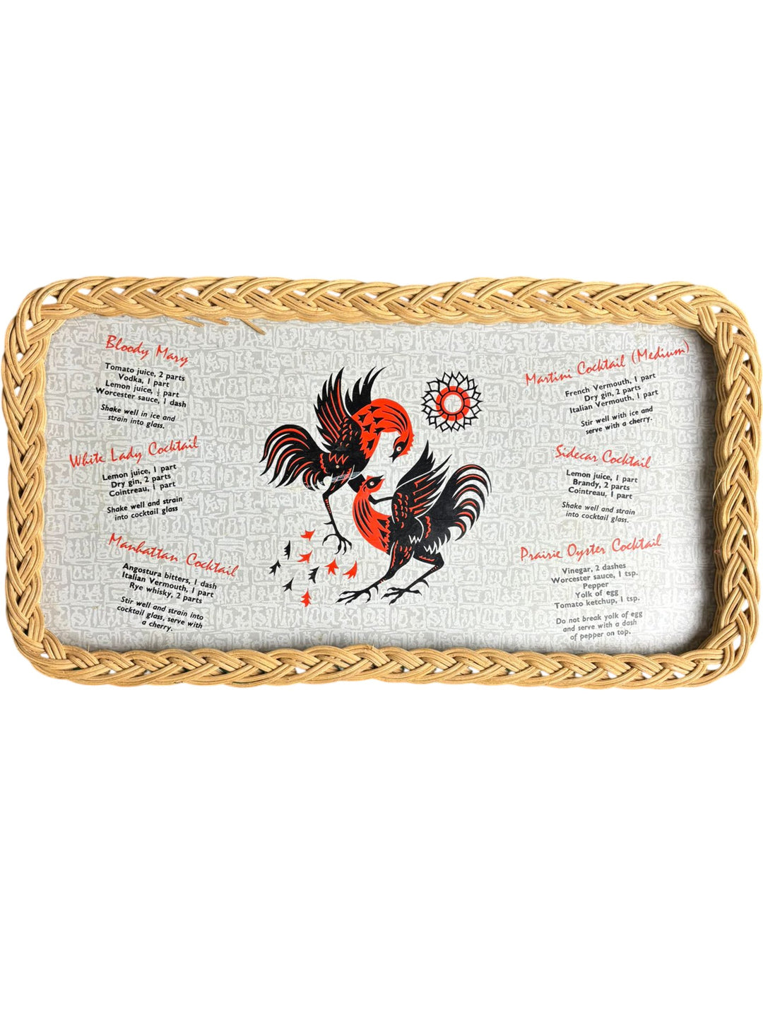 Vintage Woven Wicker Cocktail Recipe Serving Tray with Rooster Design - Think Vintage