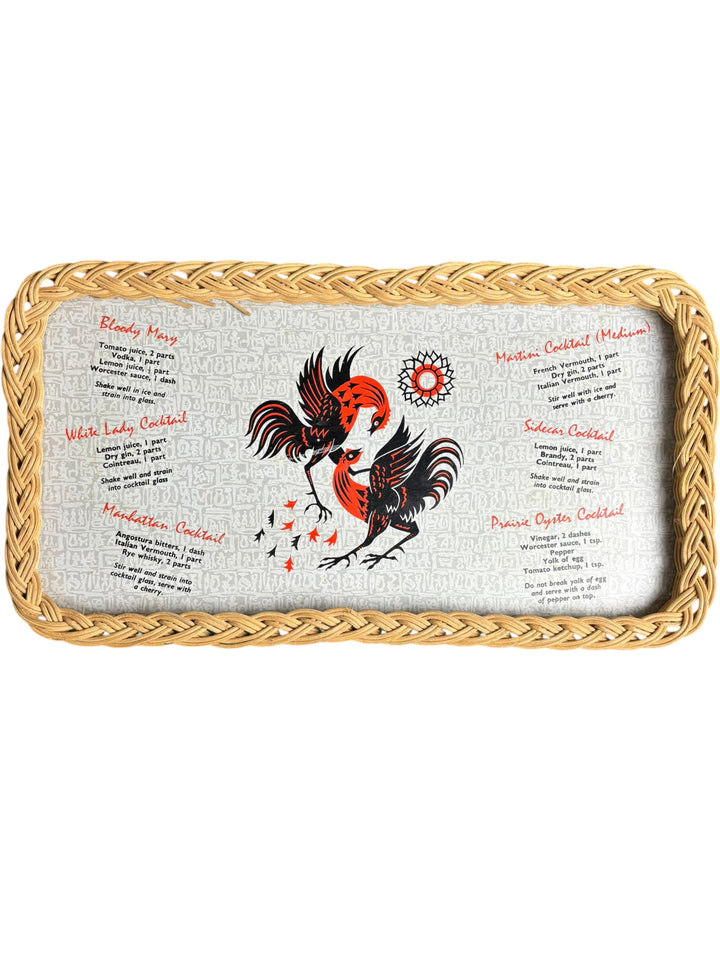 Vintage Woven Wicker Cocktail Recipe Serving Tray with Rooster Design - Think Vintage