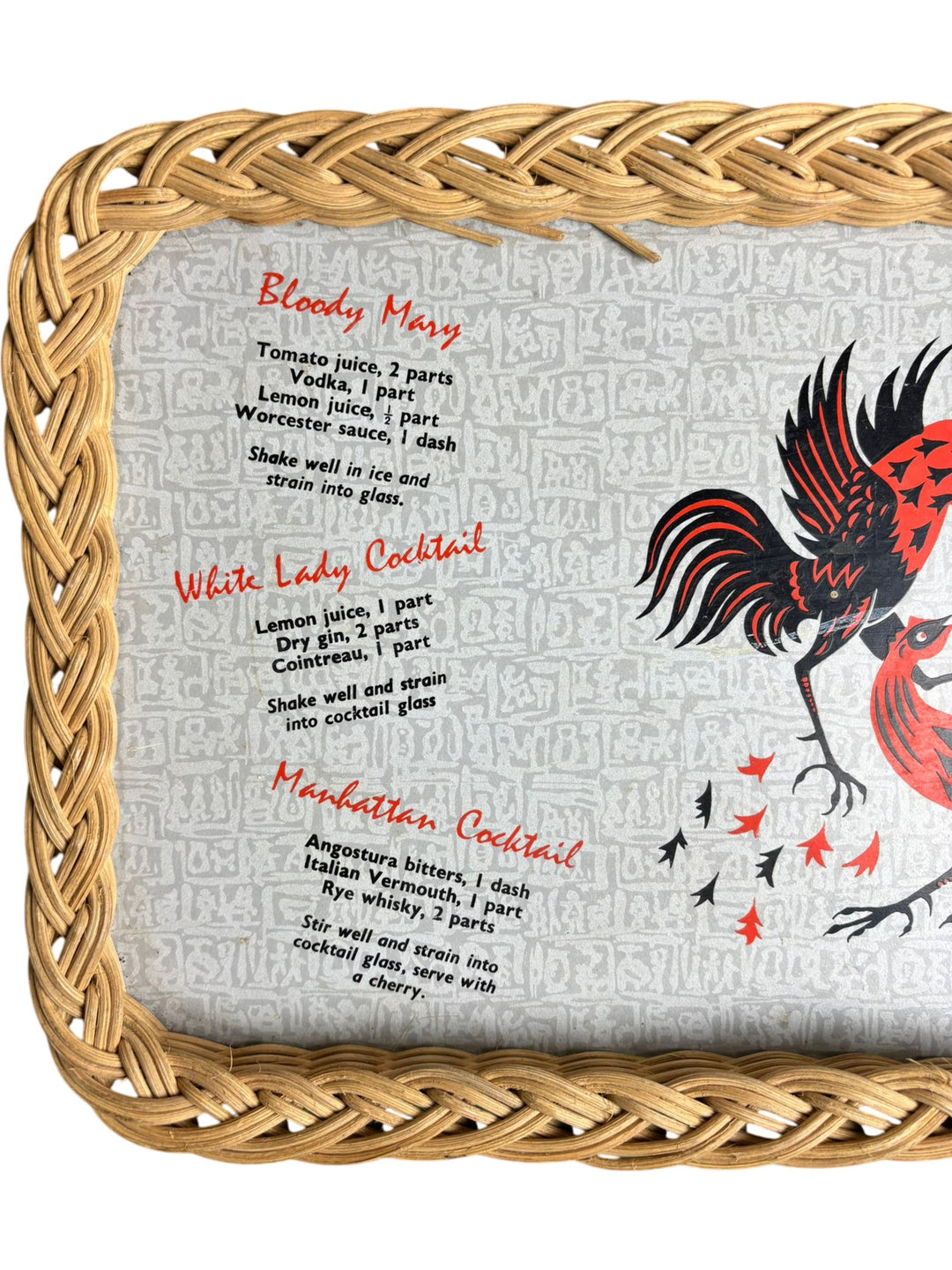 Vintage Woven Wicker Cocktail Recipe Serving Tray with Rooster Design - Think Vintage