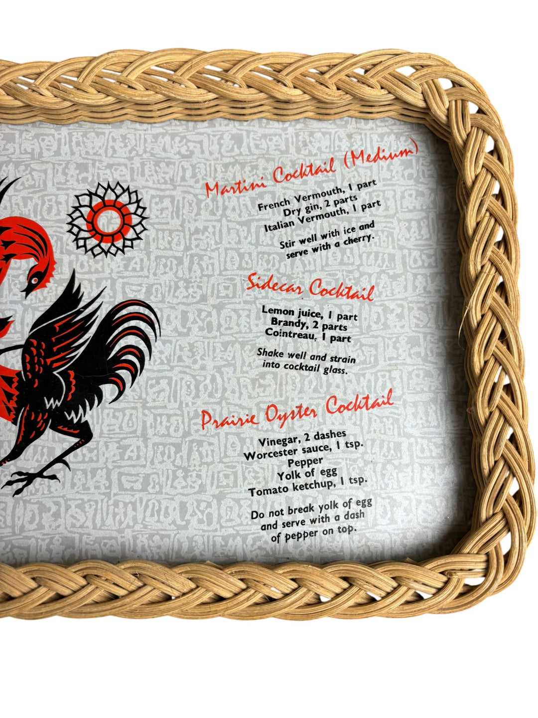 Vintage Woven Wicker Cocktail Recipe Serving Tray with Rooster Design - Think Vintage
