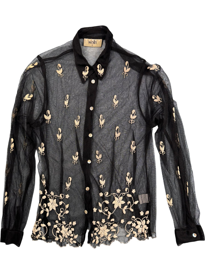 Wallis Black Sheer Blouse - S/M - Think Vintage ltd