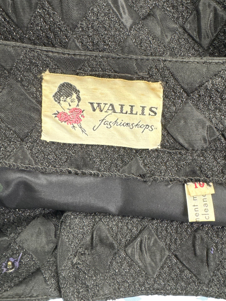 Wallis Diamond Pattern Black Midi Skirt - S - Think Vintage