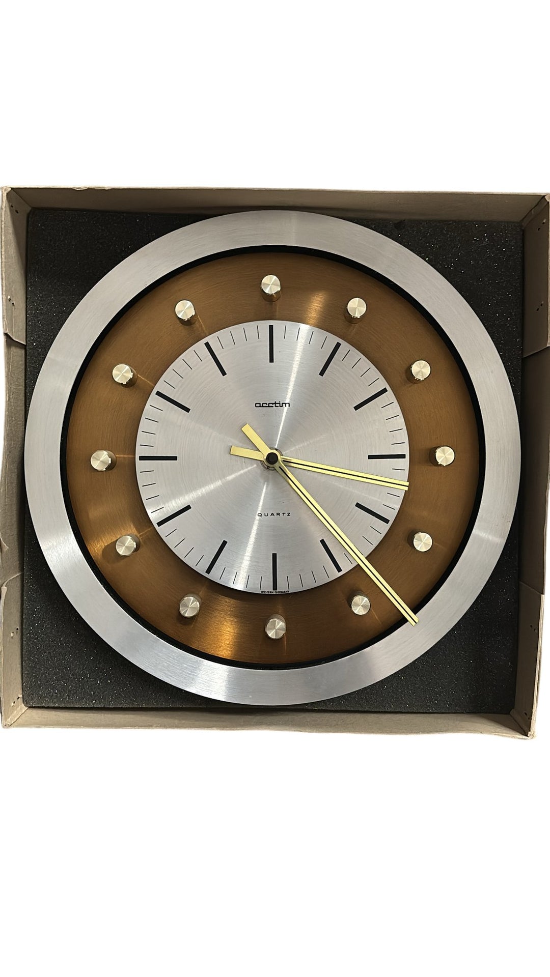 West German Acctim Quartz Wall Clock Brushed Metal Finish Modern Design - Think Vintage Online Ltd