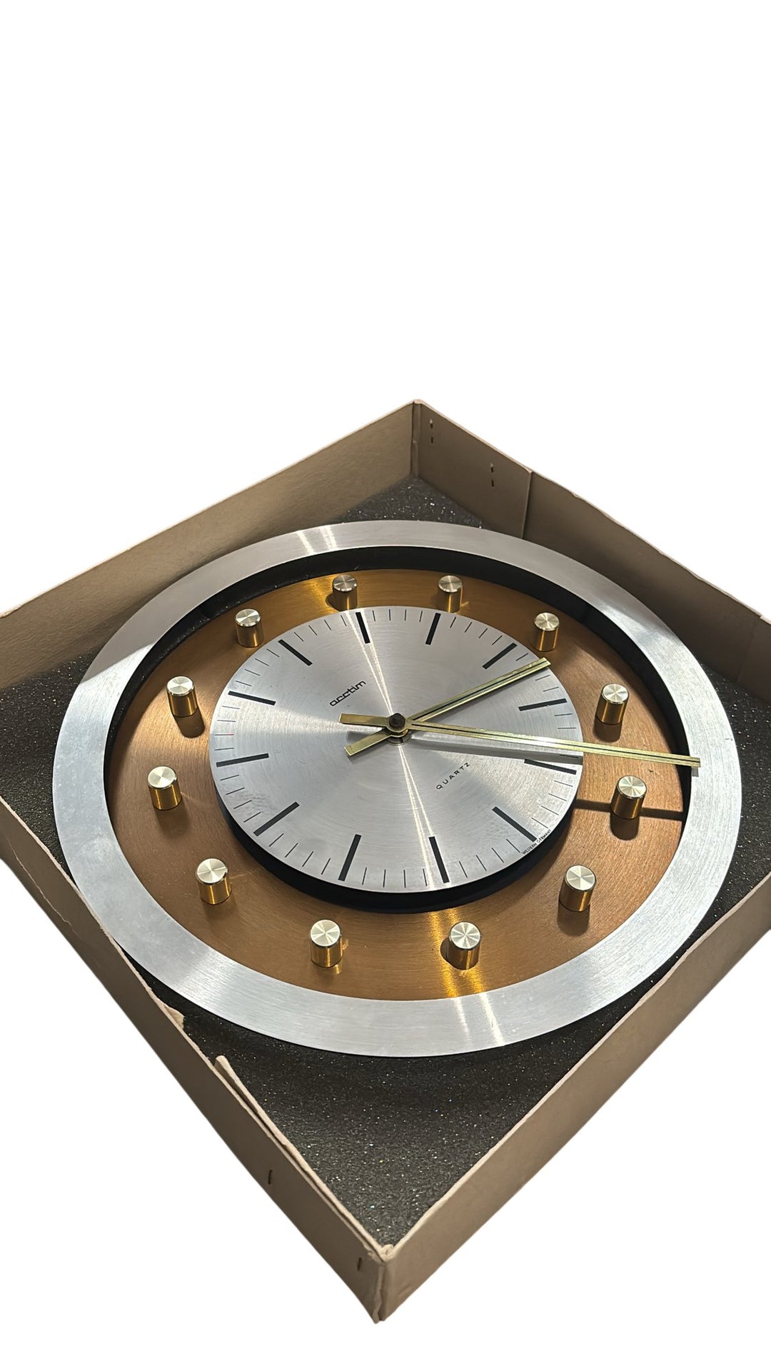 West German Acctim Quartz Wall Clock Brushed Metal Finish Modern Design - Think Vintage Online Ltd