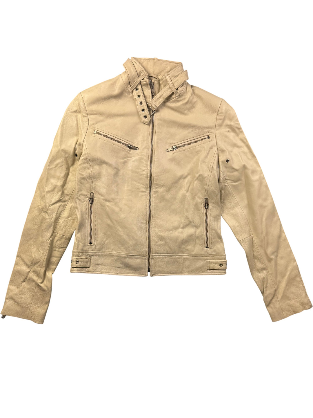 White Leather Jacket With Zipper Details - M - Think Vintage Online Ltd