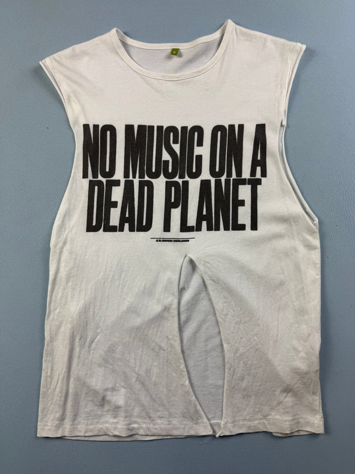 White Sleeveless T-Shirt with Text Print - S - Think Vintage