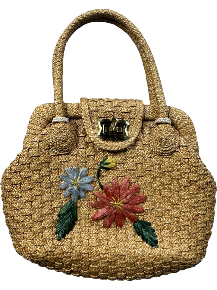 Woven Straw Floral Beach Bag - Think Vintage ltd