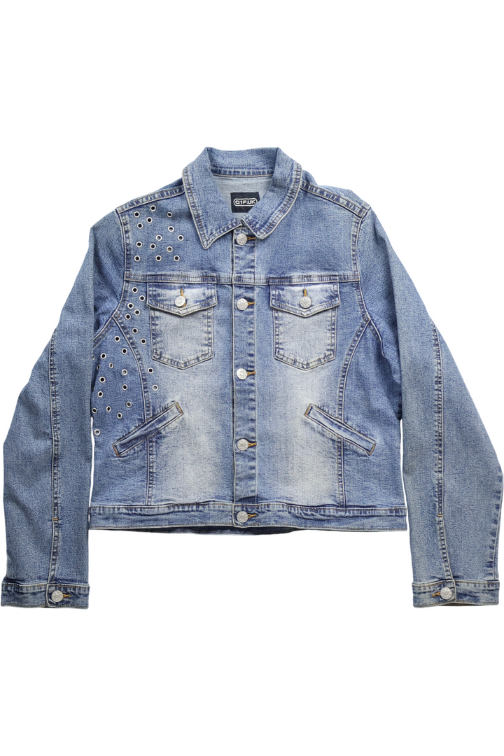Y2K Denim Jacket with Eyelet Details - L - Think Vintage ltd