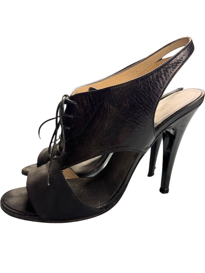 YSL Black Leather Lace-Up Slingback Heels - 7 - Think Vintage ltd