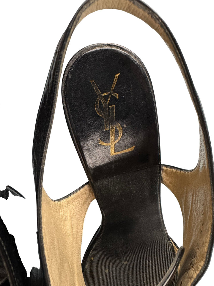 YSL Black Leather Lace-Up Slingback Heels - 7 - Think Vintage ltd