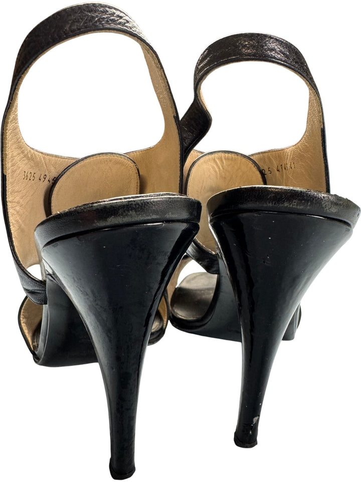 YSL Black Leather Lace-Up Slingback Heels - 7 - Think Vintage ltd