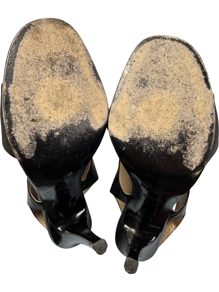 YSL Black Leather Lace-Up Slingback Heels - 7 - Think Vintage ltd