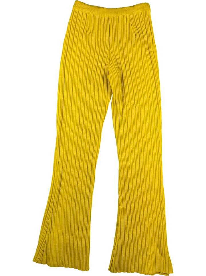Yellow Ribbed Knit Flared Trousers - W24-26 - Think Vintage ltd