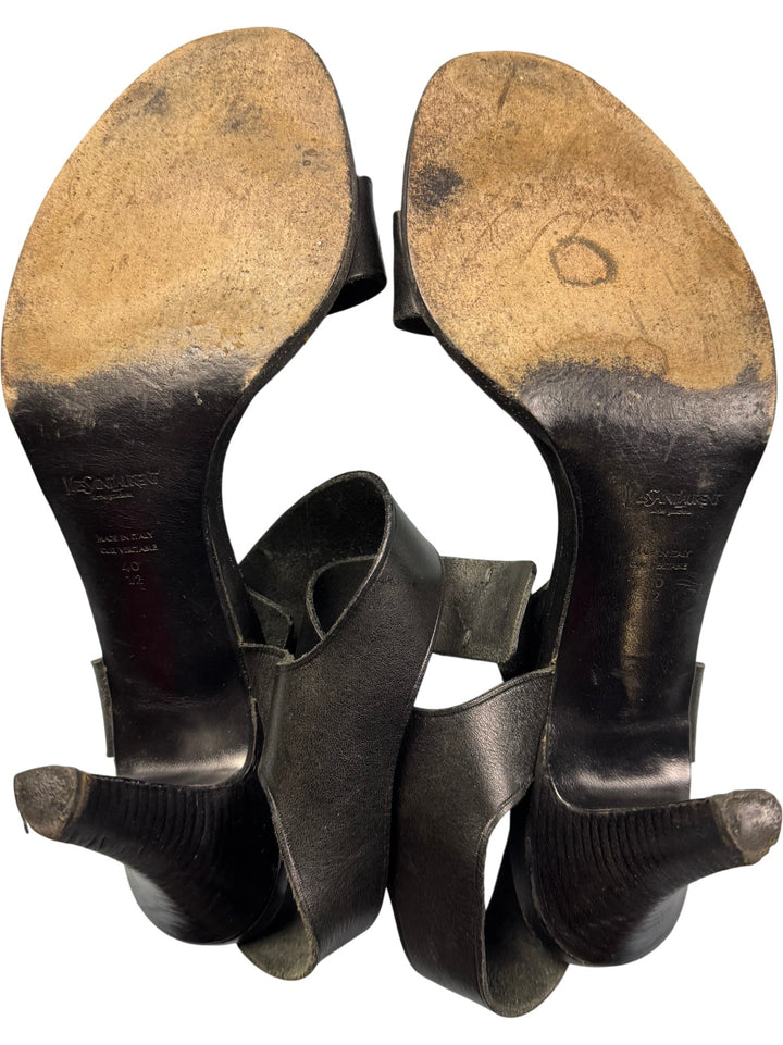 Yves Saint Laurent Black Leather Heeled Sandals - 6.5 - Think Vintage ltd