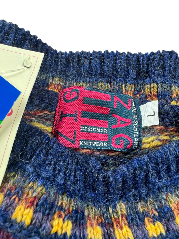 Zig Zag Designer Knitwear Multicoloured Wool Jumper - L - Think Vintage ltd