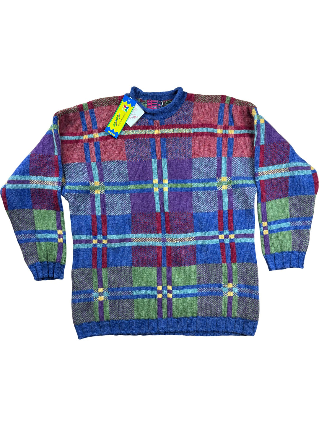 Zig Zag Designer Knitwear Plaid Sweater - L - Think Vintage ltd