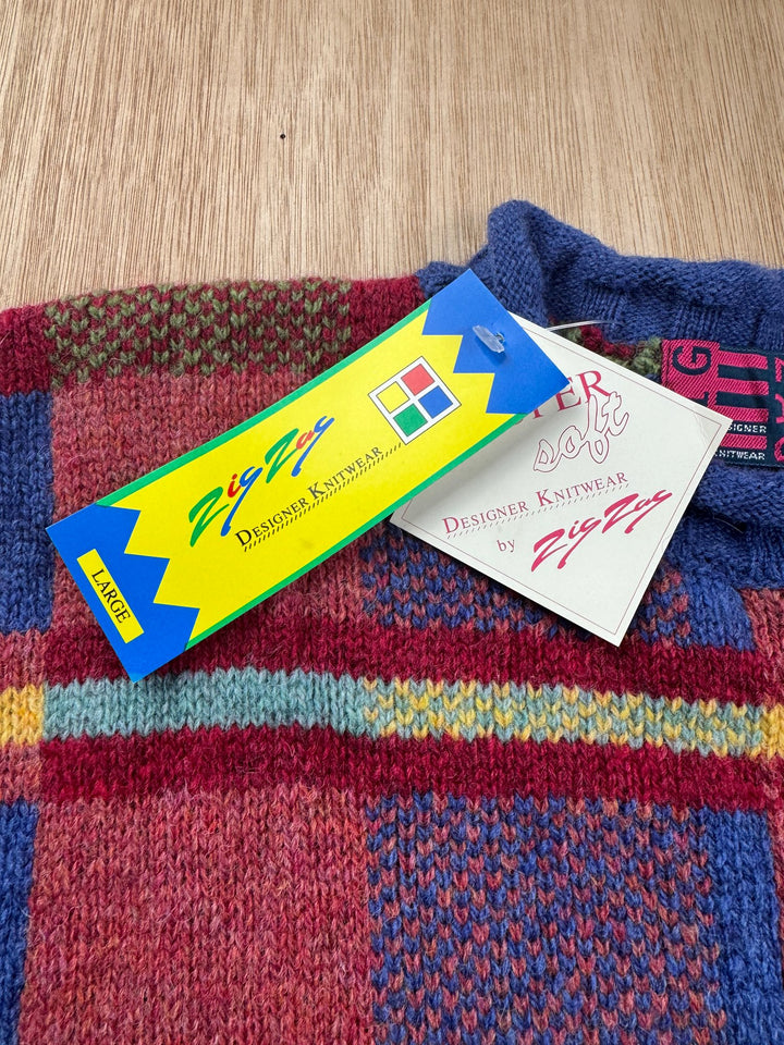 Zig Zag Designer Knitwear Plaid Sweater - L - Think Vintage ltd