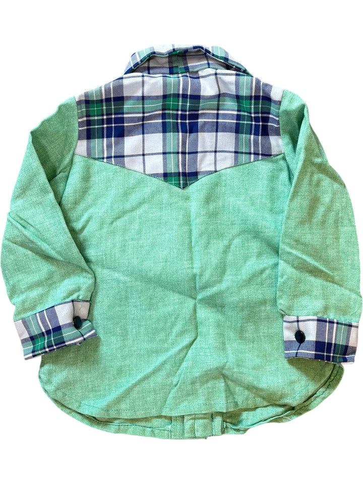 1970s Plaid Patterned Green Long Sleeved Shirt - Age 6/7