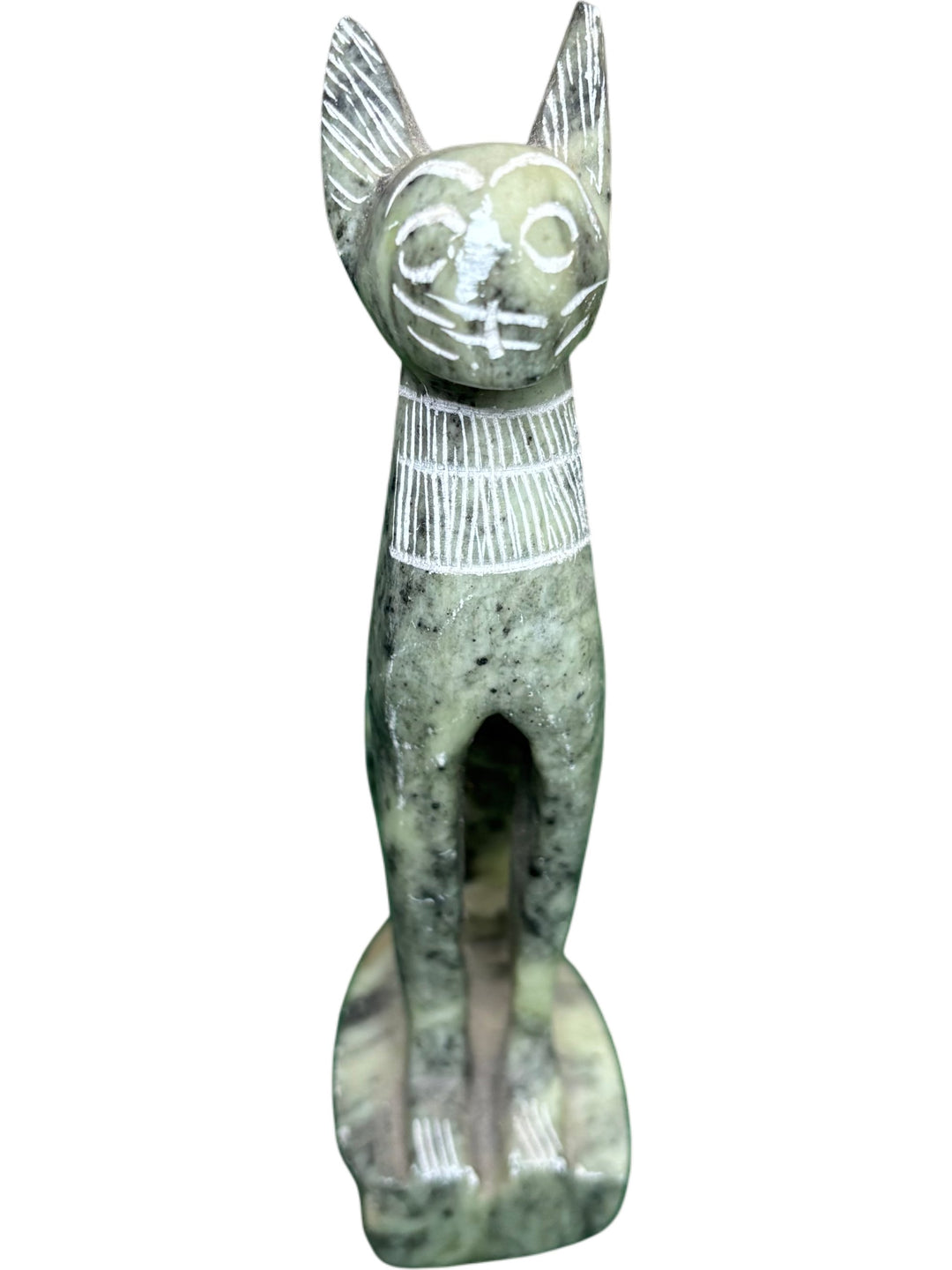 Inuit Cat Figurine Stone Carved Ornament Collectable Green Marble Effect - Think Vintage