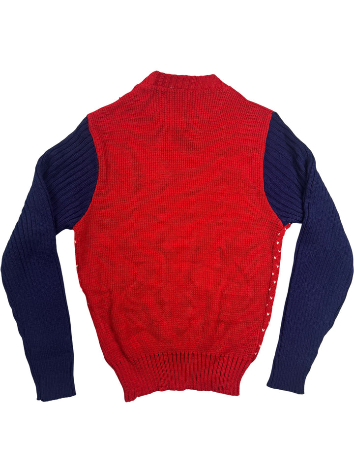 Red Patterned Sweater with Blue Sleeves - S