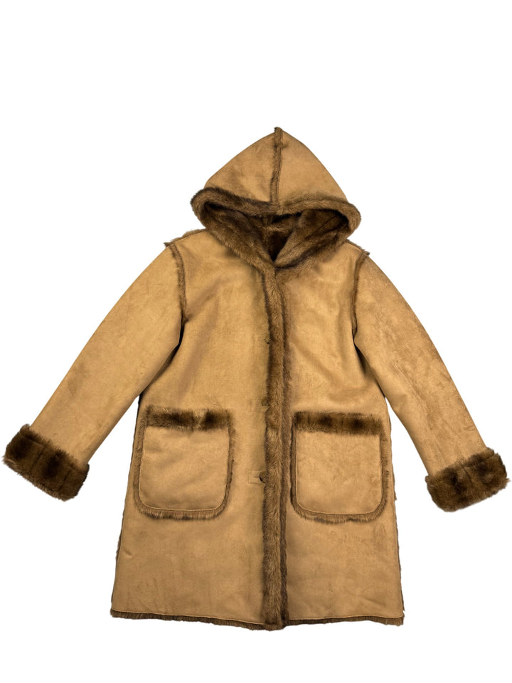 Hooded Faux Fur Trimmed Coat - L