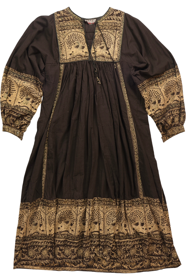 Indian Cotton Peacock Print Dress - M - Think Vintage