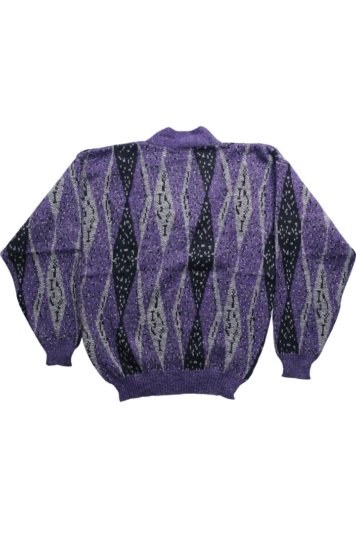 80's Rich Boy Patterned V-Neck Jumper -L - Think Vintage