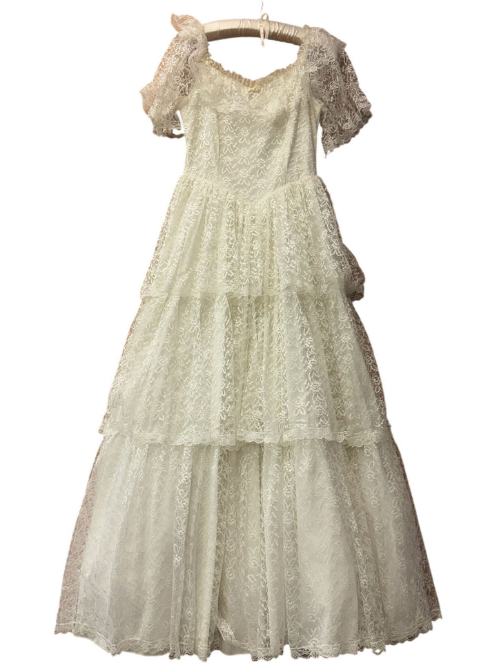 Lace Tiered Gown with Puff Sleeves