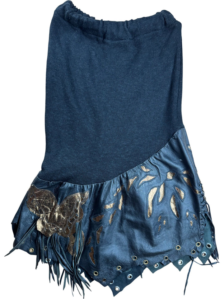 Billy Ashton Black Leather Fringe Top And Skirt - M