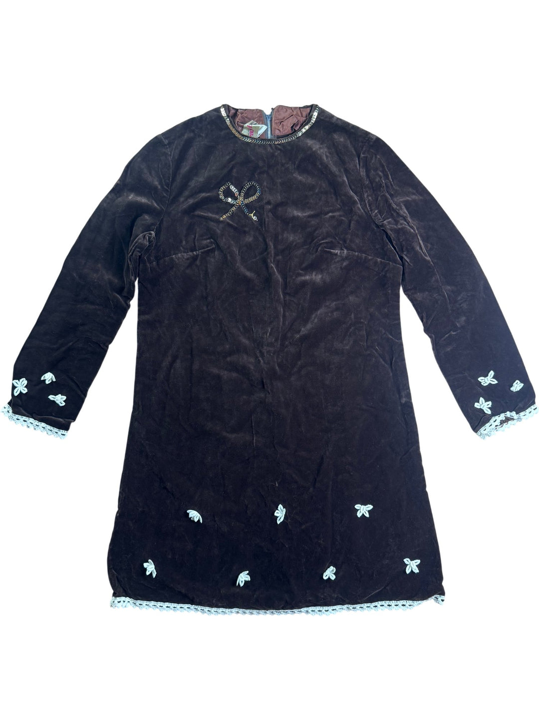 Brown Embroidered Long Sleeve Dress - S