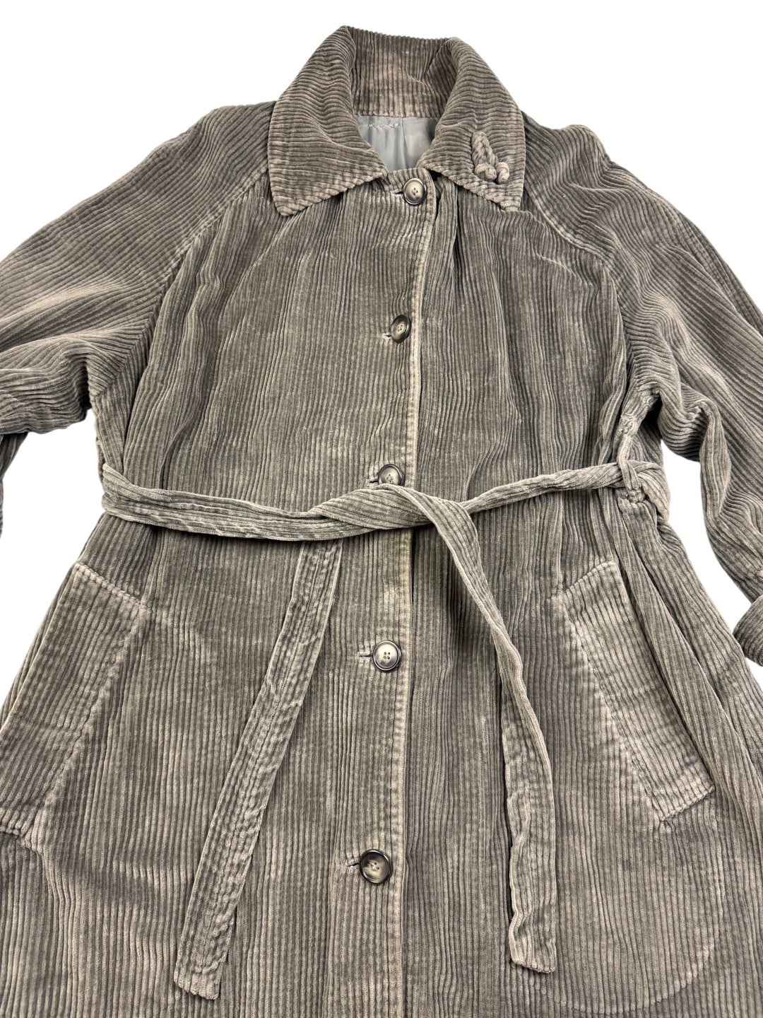 Grey Corduroy Trench Coat with Belt and matching hat - L - Think Vintage