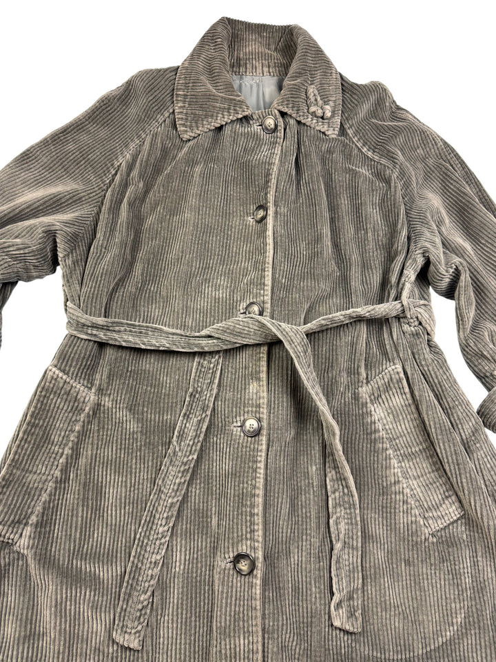 Grey Corduroy Trench Coat with Belt and matching hat - L - Think Vintage