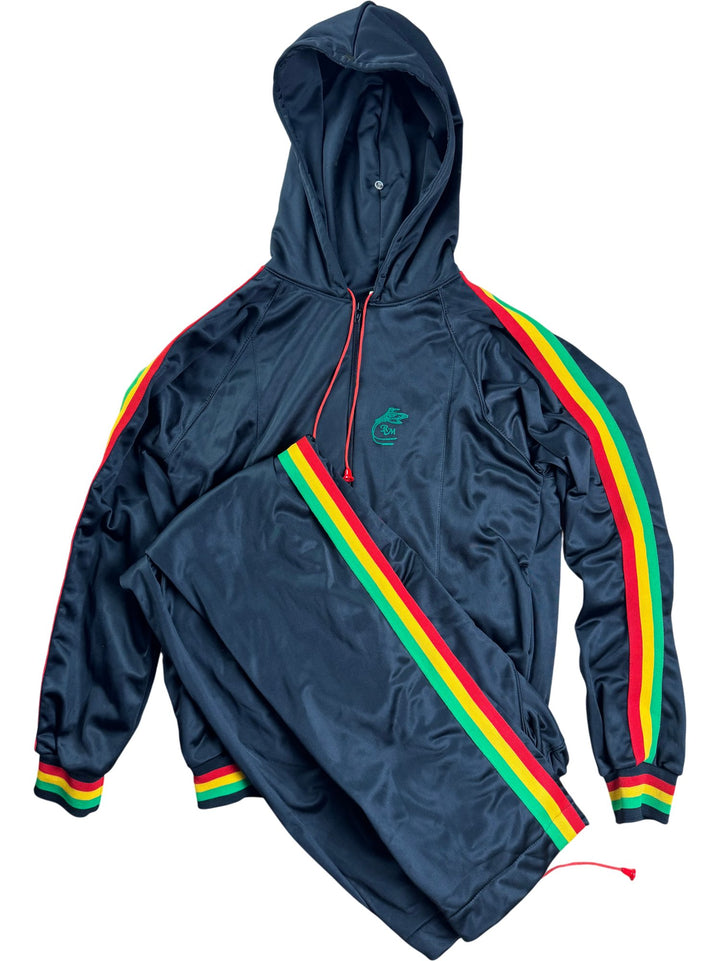 Black Hooded Track Jacket and Joggers With Multicolour Stripes - M