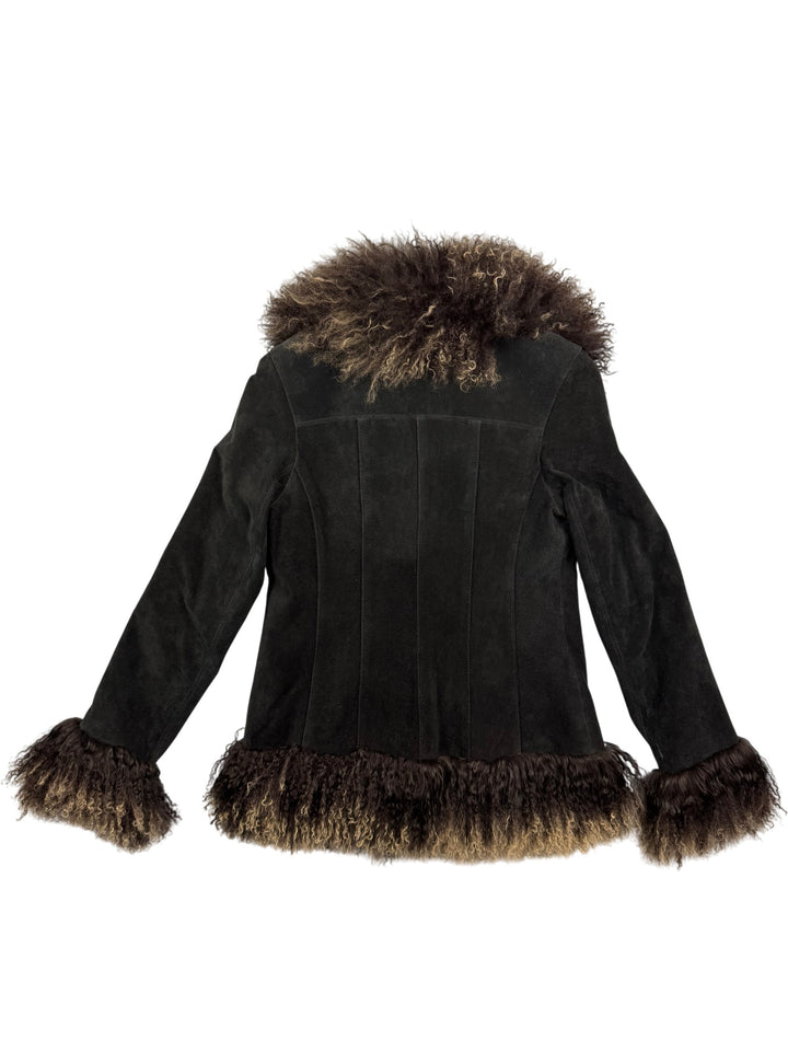Monsoon Leather Fur Trim Coat - S