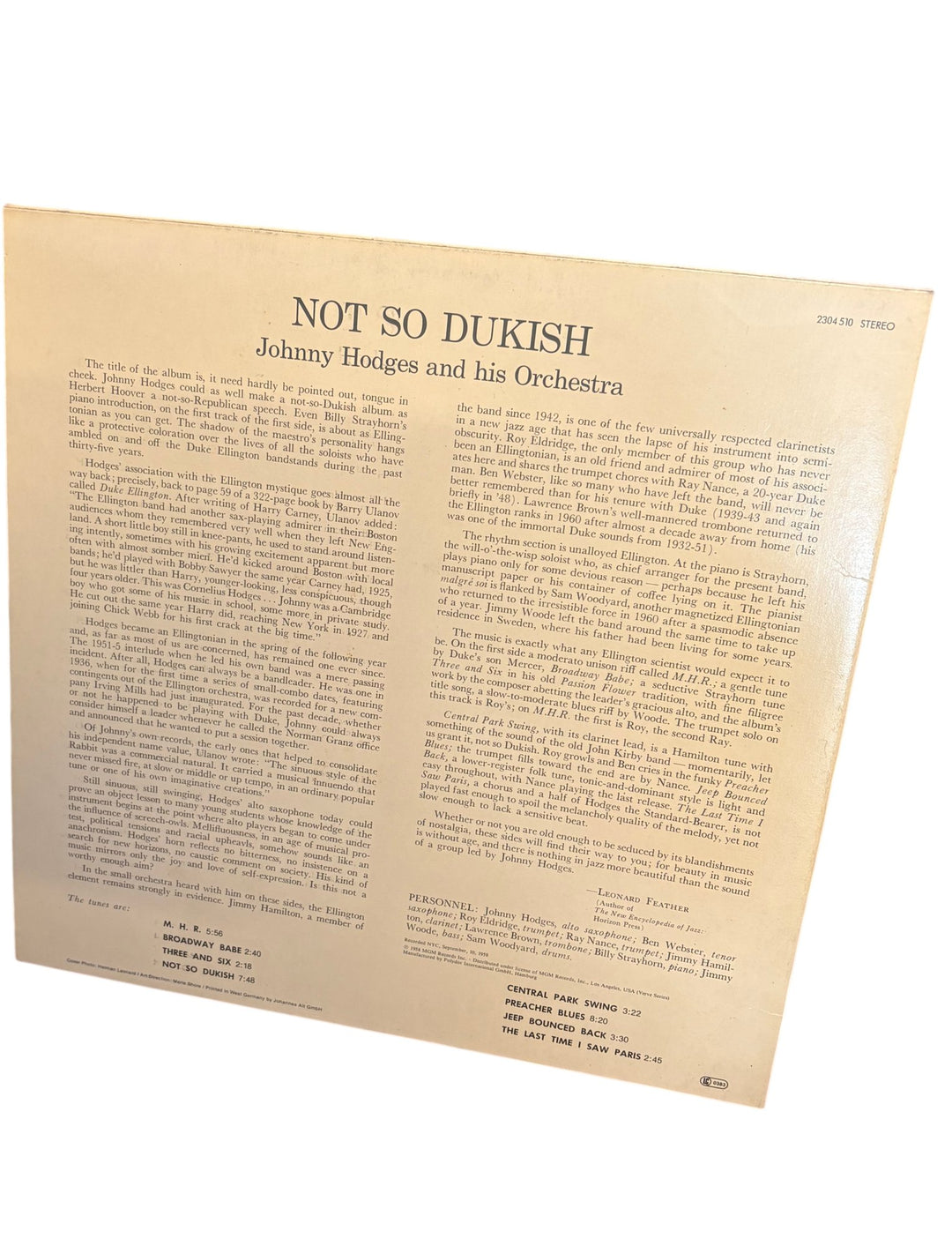 Not So Dukish Vinyl by Johnny Hodges and His Orchestra - Good