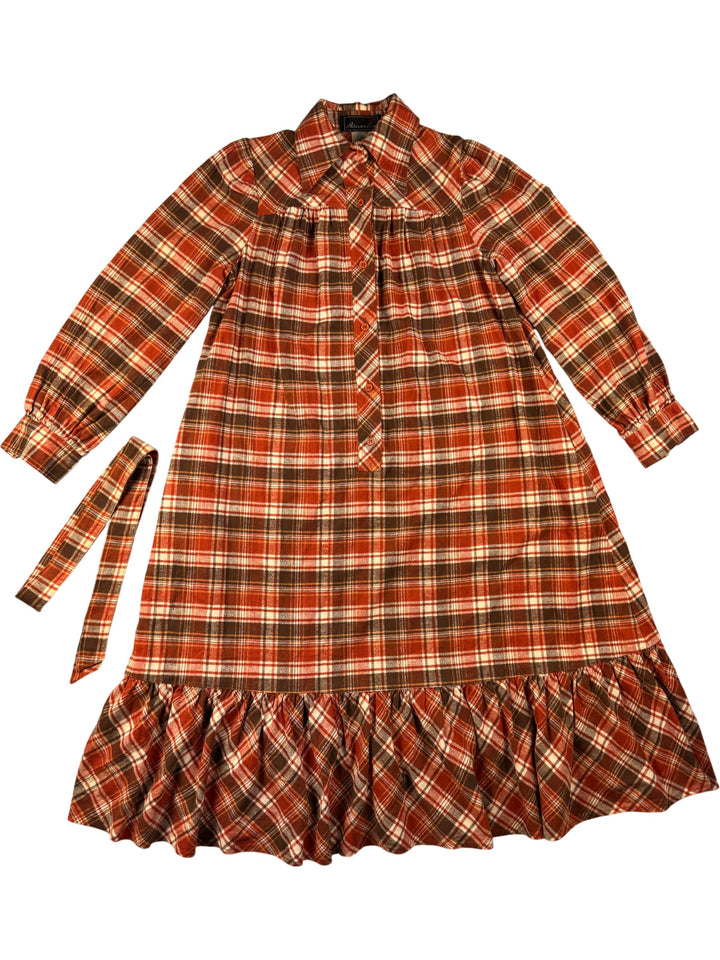 Plaid Cotton Long Sleeve Dress - M