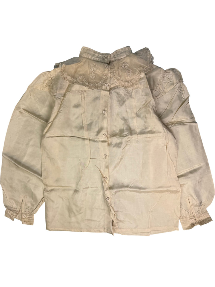 1970s Cream Button-Up Blouse with Embroidered Lace
