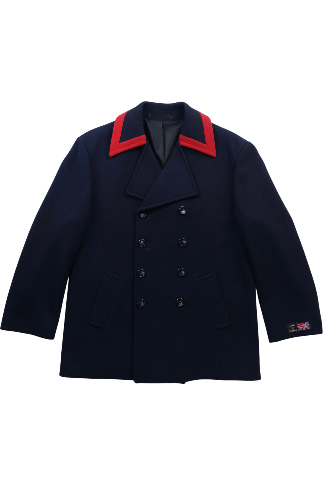 1980s Double Breasted Wool Jacket with Red Collar - L - Think Vintage