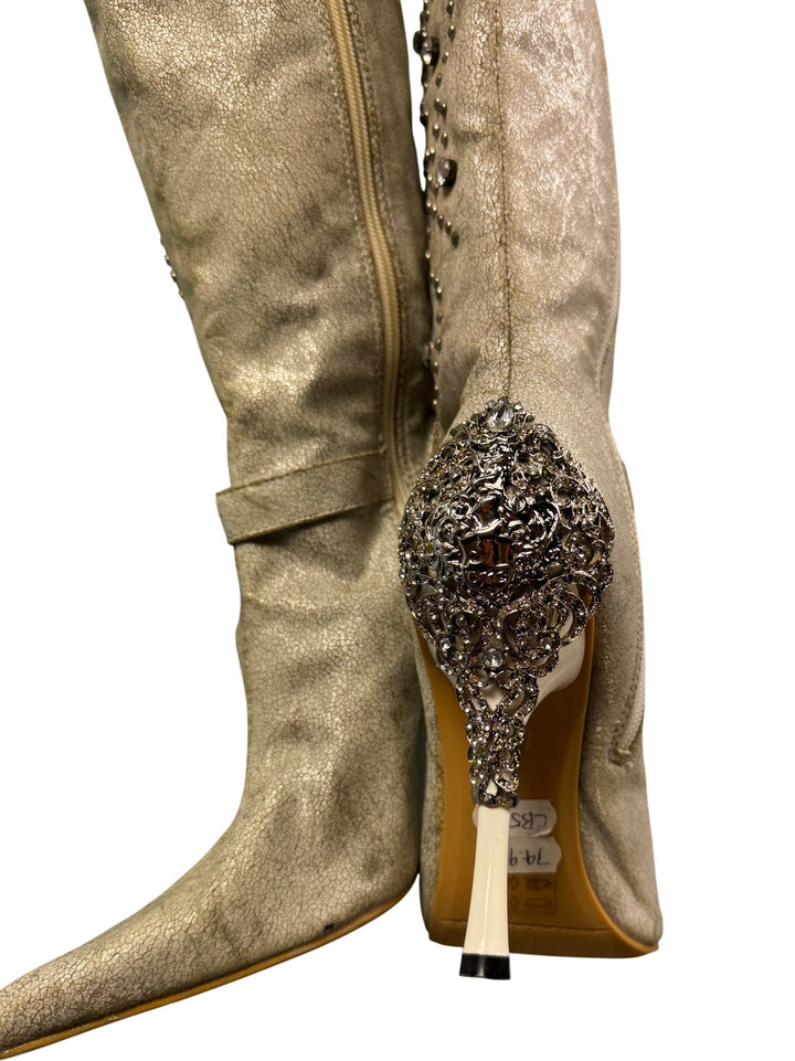 Embellished Knee-High Heeled Boots - SIZE 4
