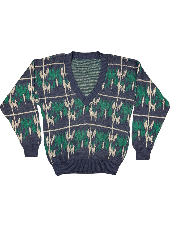 1980s Geometric Pattern V-Neck Sweater - M