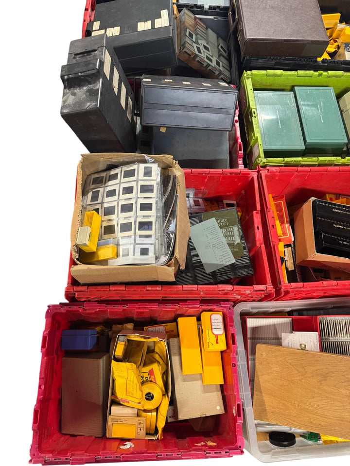 30+ Packing boxes of an unchecked collection of Photographic Slides & Cine Films - Think Vintage