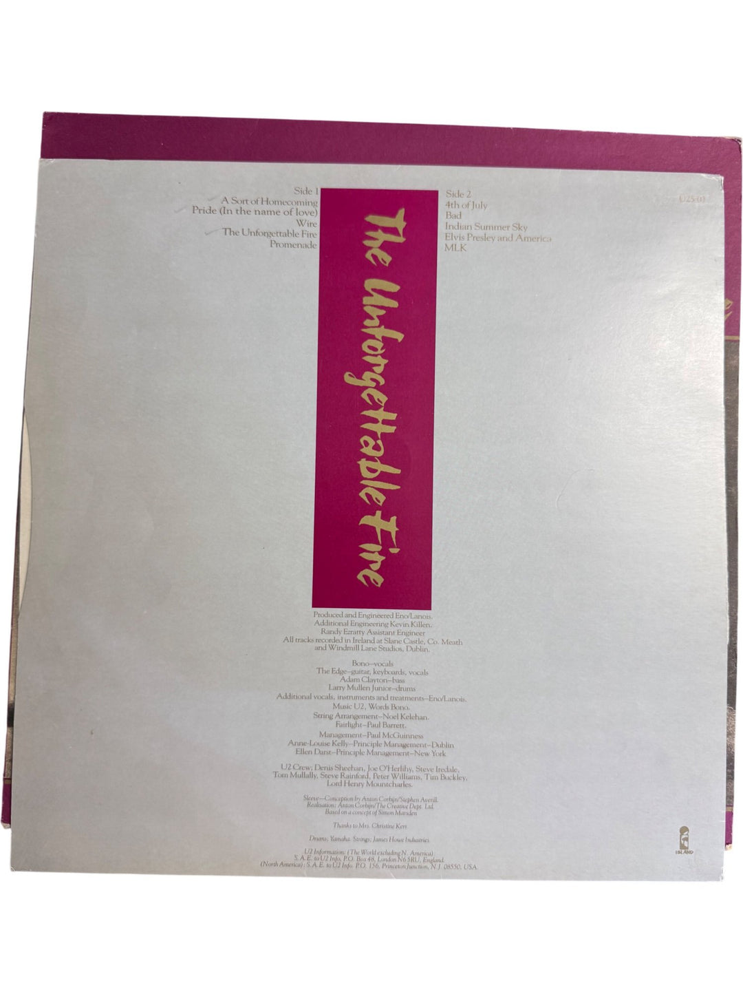 U2 The Unforgettable Fire Vinyl Record - Very Good