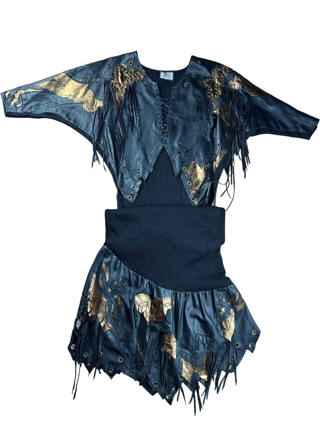 Billy Ashton Black Leather Fringe Top And Skirt - M