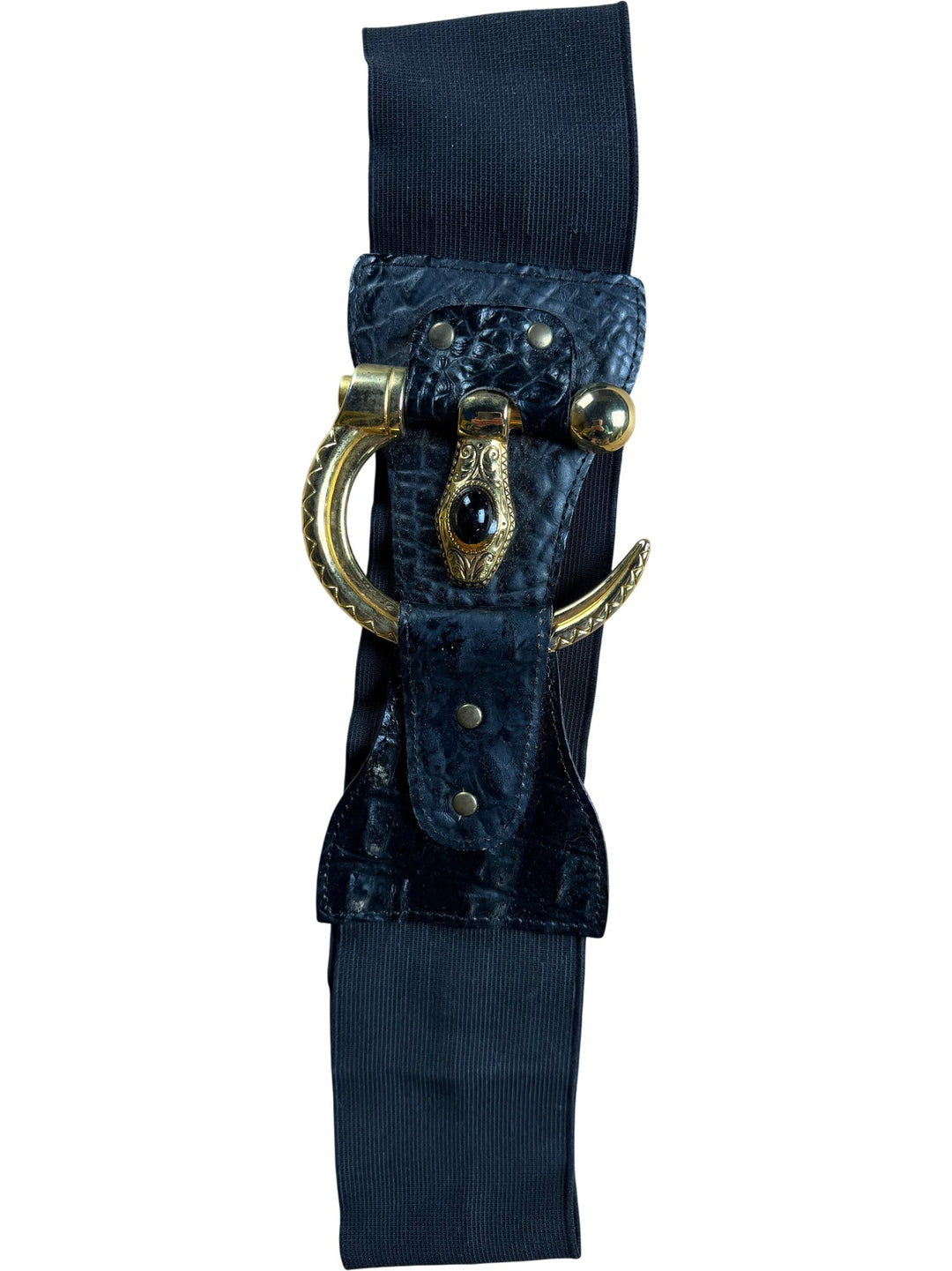1980s Black Leather Belt with Decorative Buckle
