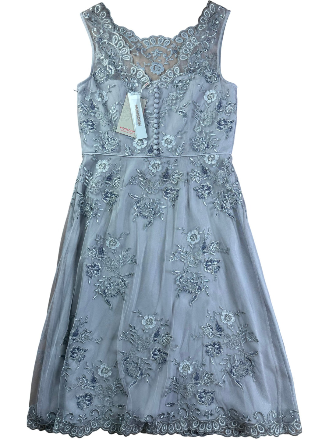 Monsoon Silver Floral Embroidered Dress - S